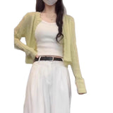 KANING Autumn New Green Hollow Short Knitted Cardigan Women 2026 Autumn Dress Small Outside Sun Protection Shirt