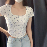 2026 Summer Design Sense Collar Short-Sleeved T-Shirt Women's Fish Bone Line T-Shirt Umbilly Umbilly Short Floral Blouse