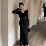 Crossing V Collar Long-Sleeved Needle Dress Women Autumn And Winter Bottom With Temperament Skirts Belts And Hips