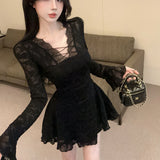 Pure Lusty V-Neck Lace Splicing Long-Sleeved Dress Women's Spring And Autumn New High-End Slim Slimming A Skirt