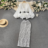 Yu Sister High-End Oceanic Suit Female Fashion Famous Woman To Collect Waist Lotus Leaves Side Folding Top + High-Waisted Lewd Lewd Half-Dress