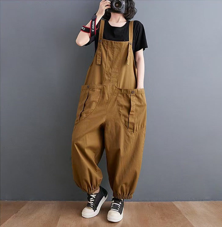 Loose Literature And Art Casual Back Pants Fat Sister Large Size Women's Summer Solid Color Big Pocket Workwear Harlan Pants