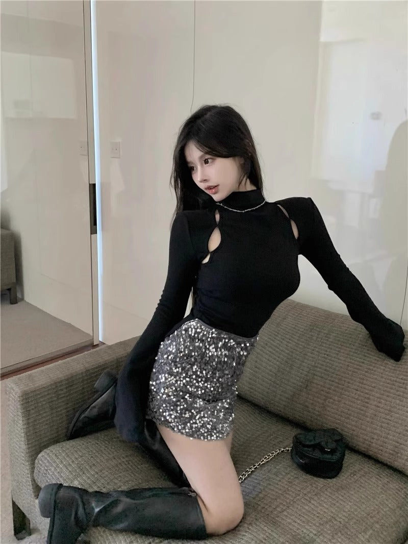 Grey Half-Neck Knitted Jersey Women Autumn Long-Sleeved Hollow Body Tight Open Fork Inside The Design Feel Bottom Top