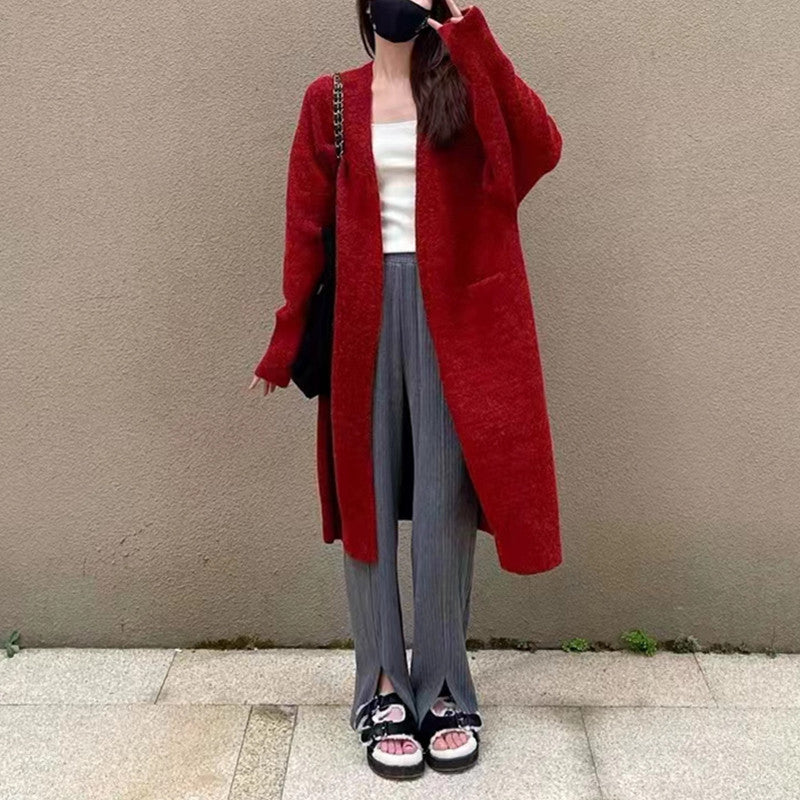 Lazy Wind Long Sweater Coat Women's Autumn And Winter New Korean Version Of Loose Pocket Knitted Open Shirt Outside