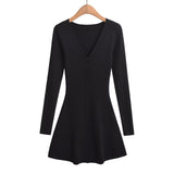 Spicuous Single Buckle Short A-Word Long-Sleeved V-Neck Dress Women's Autumn And Winter Small Slim Slimming Knitted Skirt