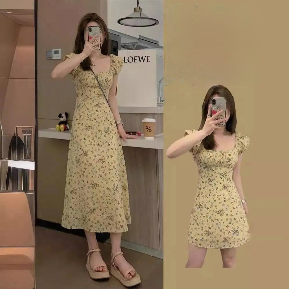 2025 Cherry Grass Yellow Summer Flower Thin High French Style Collar Small Flying Sleeve Temperament Gentle Broken Flower Long Dress