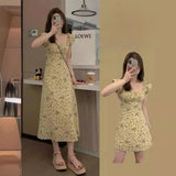 2025 Cherry Grass Yellow Summer Flower Thin High French Style Collar Small Flying Sleeve Temperament Gentle Broken Flower Long Dress