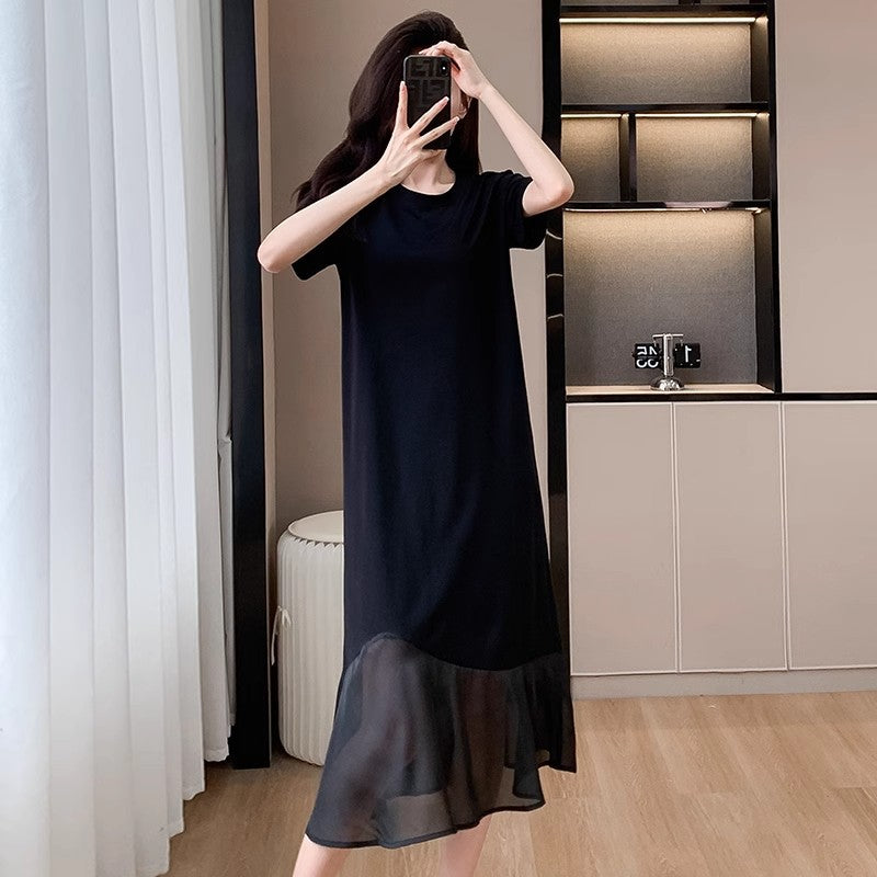 Irregular Bumpy Patchwork Short-Sleeved Dress Women's Design Sense Loose Thin Round Collar T-Shirt Dress New