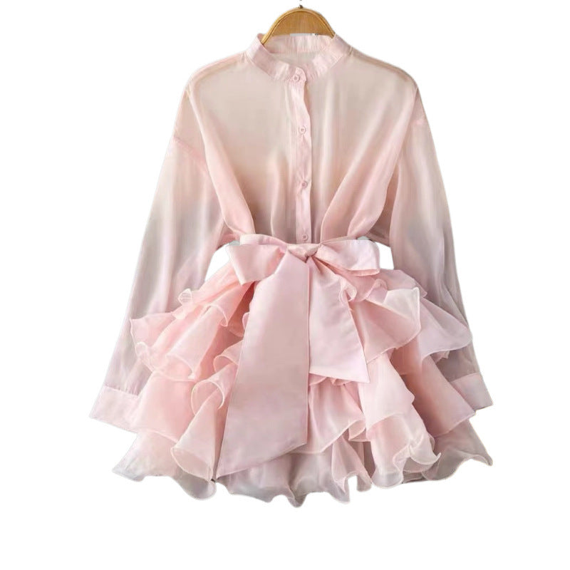 South Korea's Dongdaemun Autumn New Solid Color Lotus Leaf Side Long-Sleeved Shirt Niche Waist Thin Set-Up Shirt