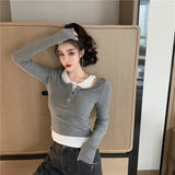 Design Sense Of A Niche Fake Two T-Shirts In Autumn 2025 New Korean Version Slimming Long Sleeve Bottom Shirt Top