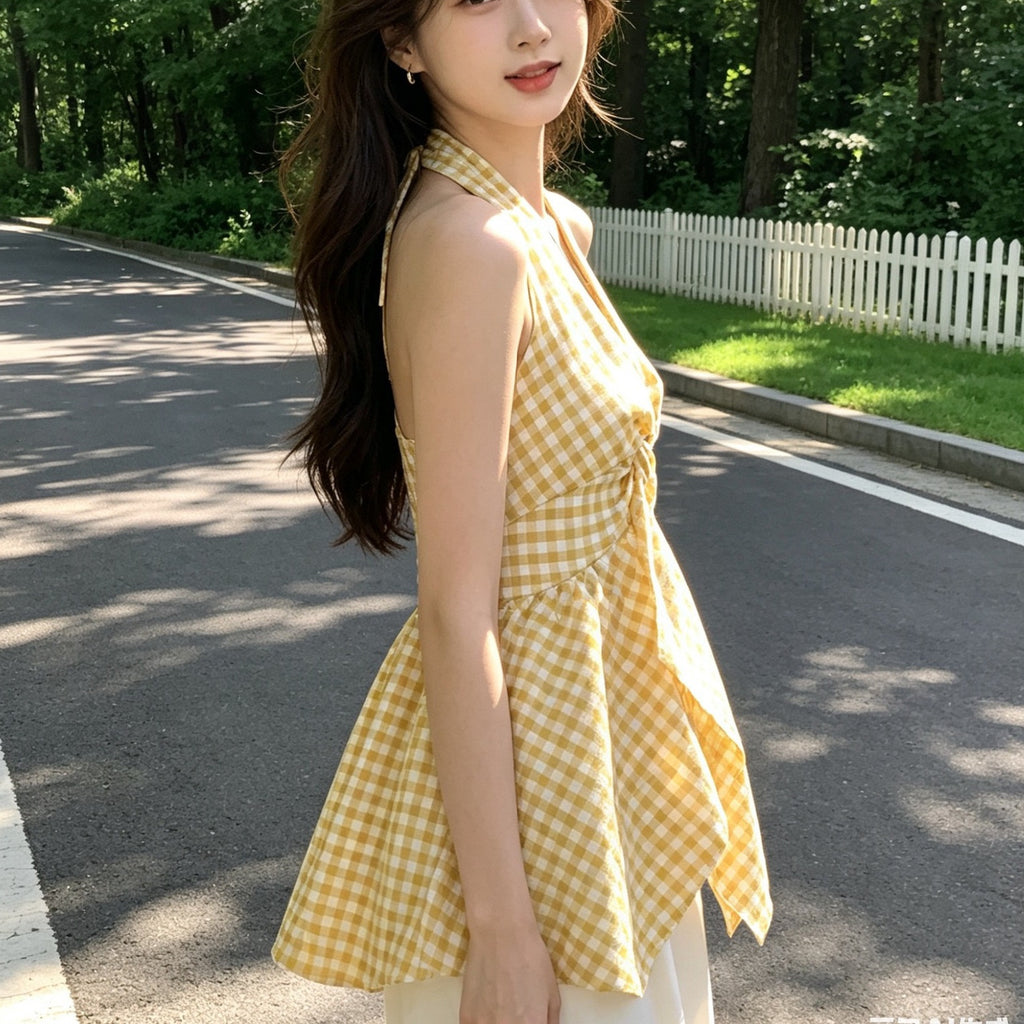 Summer Dopamine Yellow Lattice Hanging Neck Bare Shoulder Clothes Irregular High-End Feeling Waistless Sleeve Sleeve Sling Shirt