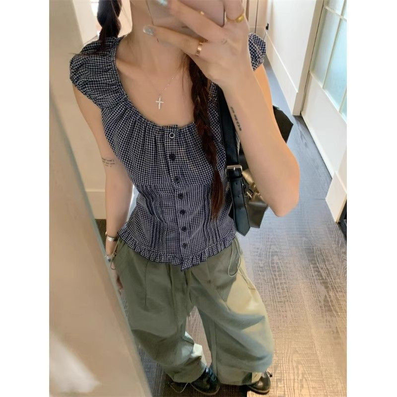 Korean Vintage Square Collar Bubble Sleeve Shirt Women's Summer Design Sense Unique Special Short Small Shirt Top