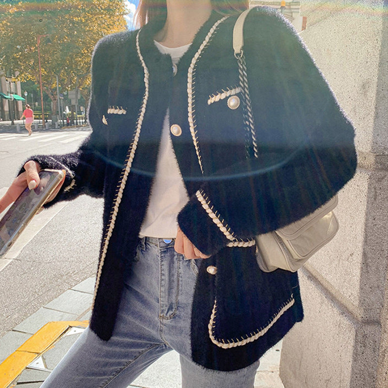 Small Fragrant Wind Set With Pearl Buckle Jacket 2025 New Imitation Watery Velvet Sweater Cardigan Women's Autumn And Winter Knitted Shirt Top