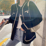 Small Fragrant Wind Set With Pearl Buckle Jacket 2025 New Imitation Watery Velvet Sweater Cardigan Women's Autumn And Winter Knitted Shirt Top