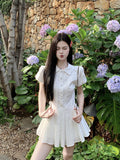 College Style Sweet White Short-Sleeved Shirt Dress Summer New Small 100-Fold Short Skirt