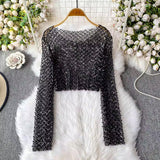 Station Heavy Industry Nail Polish Glide Round Neck Long-Sleeved T-Shirt Girl New Famous Temperament Slim Slim Short Top