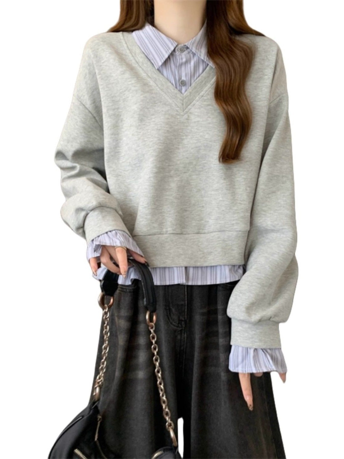 Shirt Splicing Fake Two Women's Spring And Autumn Large-Size Micro-Fat Mm Thin Short College Style Polo Collar Top