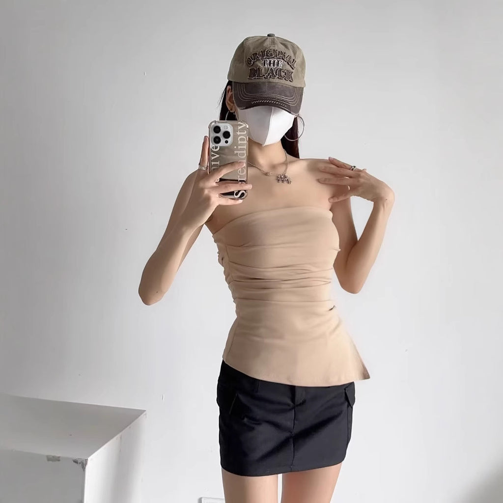 A Word-Collar Pure Desire To Slimen Shoulder Tective Blouse Folded Open Fork Solid Sexy Bottom Vest