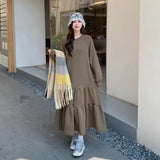 2026 Spring Literature And Art Loose Large-Size Women's Round-Neck Long-Sleeved Lotus Leaf Dress Over Knee Fishtail Dress