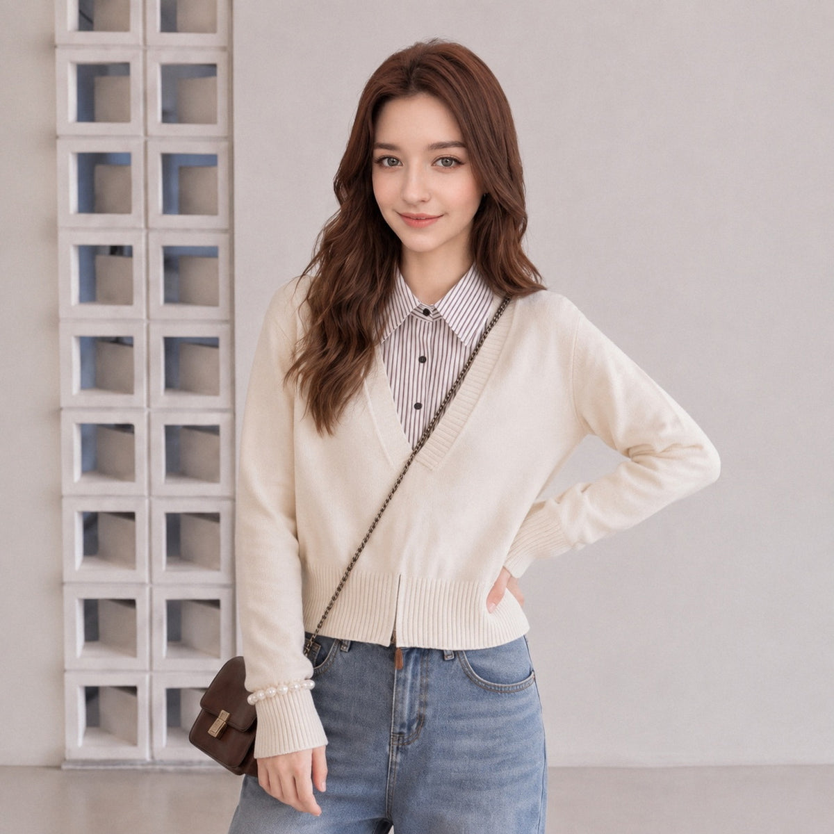 LEKA Korean Spliced Striped Two-Piece Collar Sweater In Autumn Commuter Hooded Loose Thin Knitwear