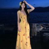 Holiday-Style Print Hanging With Lining V-Neck Dress Women's Summer High-End Feeling Ribbon Niche A-Shaped Dress
