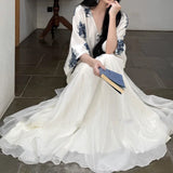 New Chinese Long-Sleeved Linen Shirt Top Women's Summer Thin Loose Lazy Wind V-Neck Shirt Skirt Suit