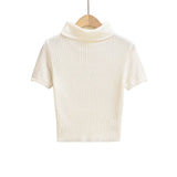 Sweet Sister Atmosphere High Collar Bottom Knitted Shirt Women With Short Sleeves Tight Short Coat Short Waist