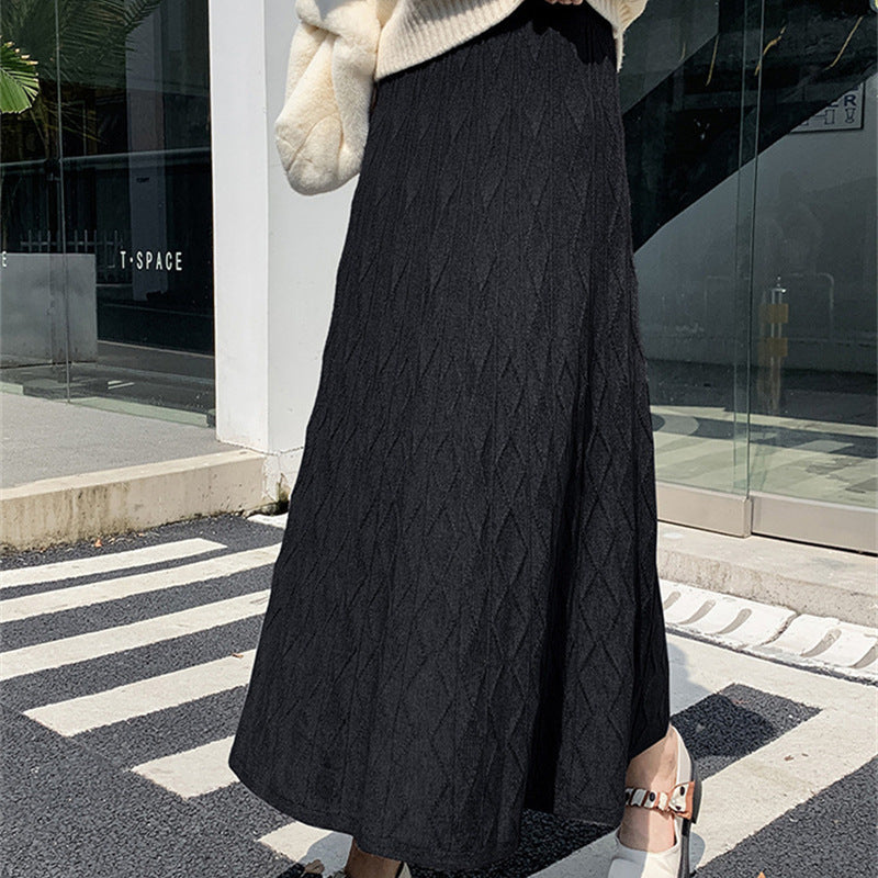 KANING Long Wave Ling Knitted Umbrella Skirt 2026 Autumn New A-Shaped Skirt High-Waist Knitted Skirt
