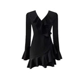 Spring And Autumn New Small Black Dress Lotus Leaf Edge V Collar Horn Sleeve Hottie Dress Pure Temperament