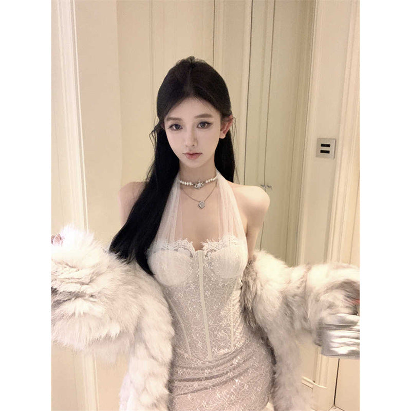 Sexy Pure Lust Wind Hanging Neck Lace Dress Women Summer Body Cover Screen Spliced Braided Hips Short Skirt