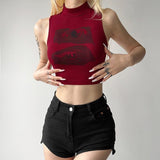 Summer Vintage Hot Babes Wind Print Semi-High Collar Vest Female Design Sense Of Small Slimming Short Top