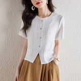 Summer Japan And South Korea New Five-Sleeved Shirt Women's Short-Sleeved Shirt Temperament Coat Short-Sleeved Cotton Top