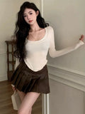 Human Cotton Autumn Sexy Pure Lust U Collar Long-Sleeved T-Shirt Irregular Short Top Girl Slime Bottom Shirt