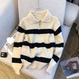 Shopping Mall Withdraws The Ribbon 2025 Spring And Autumn Korean Version Of Polo Striped Sweater Women Loose Retro Knitwear Tide
