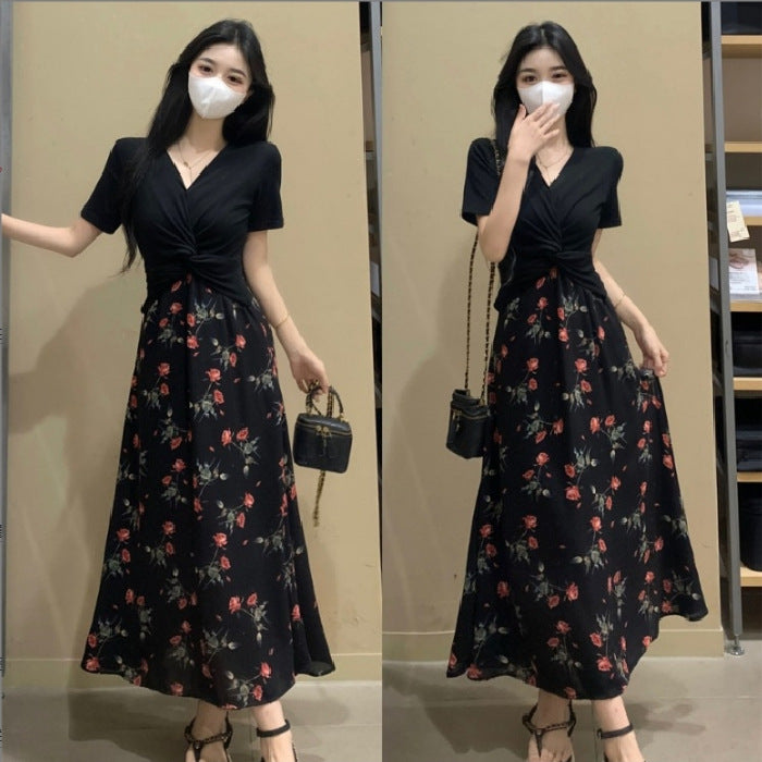 Large-Size Tea Break French Dress Xia Heben Style Two Broken Floral Skirt Fat MM Waist Show Thin Skirt