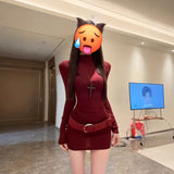 Korean Babes Half-High Collar Red Long-Sleeved Dress Female Autumn Temperament Sexy Tight Bottom Ass Short Skirt