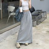 Grey Half-Dress Woman Tight Waist Drawstring Casual Straight Skirt Summer High Waist Thin A Skirt Medium Long Skirt