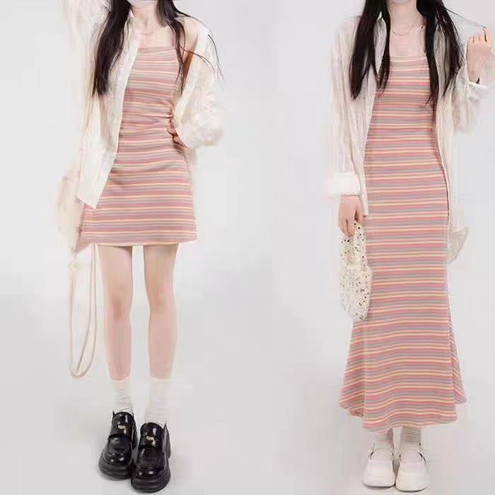 Rainbow Hanging Dress Women's Summer New French Mini-Designed Slimming Spice Girl Short Dress Set