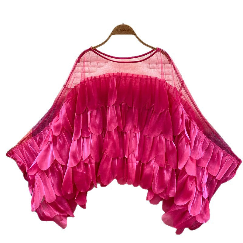 Light Luxury High-End Blouse Women Summer Lotus Edge Mesh Splicing Design Loose Famous Sister Top