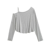 Street Pat Short Shoulder Curved Loose Long-Sleeved T-Shirt Personality Asymmetrical Fashion Tops Thin