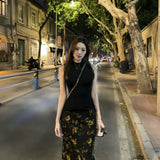 French Retro Temperament Floral Half-Dress Skinny Vest Female Sexy Hot Ass Skirt Set