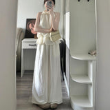 Korean Gentle Wind Hanging Neck Lotus Leaf Edge Sleeveless Coat Hanging Wide Leg Trousers Set Of Women's Summer Loose Thin Two Sets