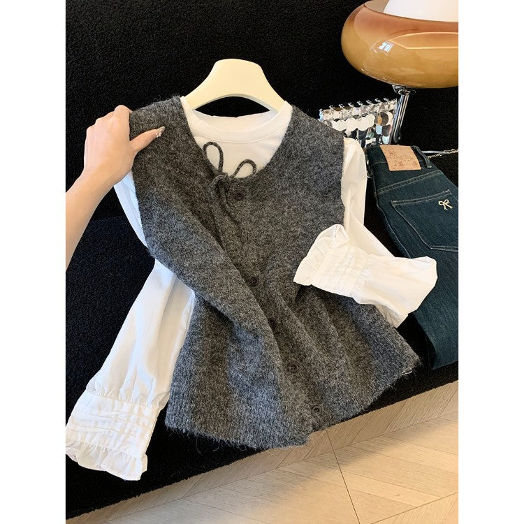 3.5/New In Spring XUAN XIAO JIE Gentle Wind Tie Knitted Vest Cardigan Woman