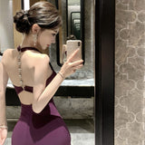 Design Feel The Back Hanging Neck Dress Female Summer Sister Style Dress Dress Black Temperament Bag-Groom Dress