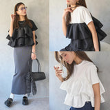 Real Shooting A Large Number Of Summer New Cotton Women Short-Sleeved Shirt Splicing Lotus Leaves Under The Hem