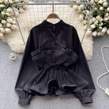 French Light Luxury Famous High-End Bubble Bubble Sleeve Shirt Women Autumn Waist Lotus Leaf Side Design Niche Super Fairy Top