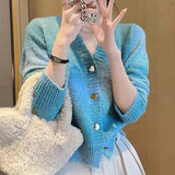 KANING Heart-Shaped Button Gradient Rainbow-Colored Knit 2026 Autumn New Stylish Sweet V-Neck Sweater