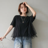 Multiplication A Large Number Of Light Retro Mesh Splicing T-Shirt Women Round Collar Three-Dimensional Design Commuting Level Sense On The Sense Of The Level