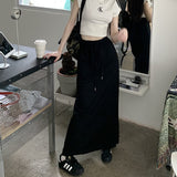 Grey Half-Dress Woman Tight Waist Drawstring Casual Straight Skirt Summer High Waist Thin A Skirt Medium Long Skirt