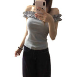 Fashion Sexy Hottie Gray Shoulder Short-Sleeved T-Shirt Girl Summer New Out-Shoulder Repair Slim Short Top
